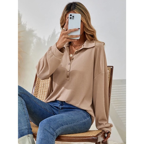🌟 fold down collared Half Button henley long sleeve soft knit tee fall tan - Picture 3 of 8